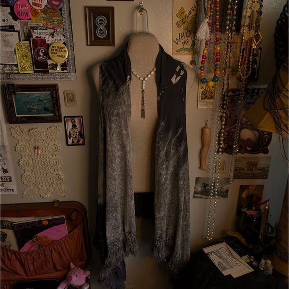 Vintage Acid Stone Wash Fringe Vest Women's Small Dark Gray Long Asymmetrical - Picture 1 of 5